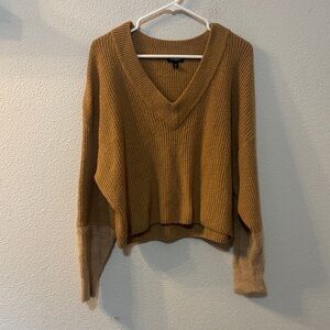 Express Chunky V-Neck Sweater in Mustard Brown